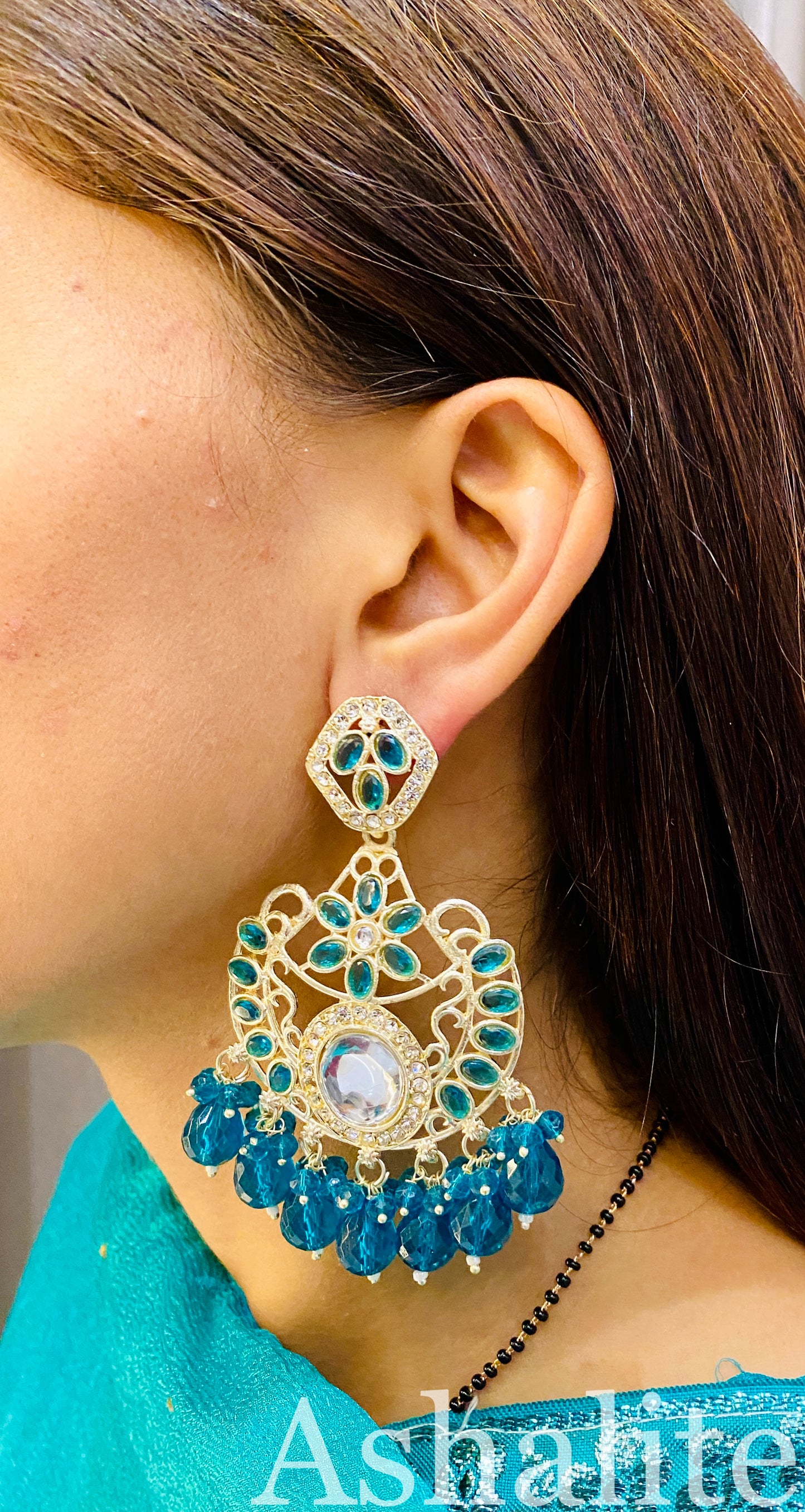 रुक्मणी Deep Aqua Blue Chandbali Earrings with Beaded Drops