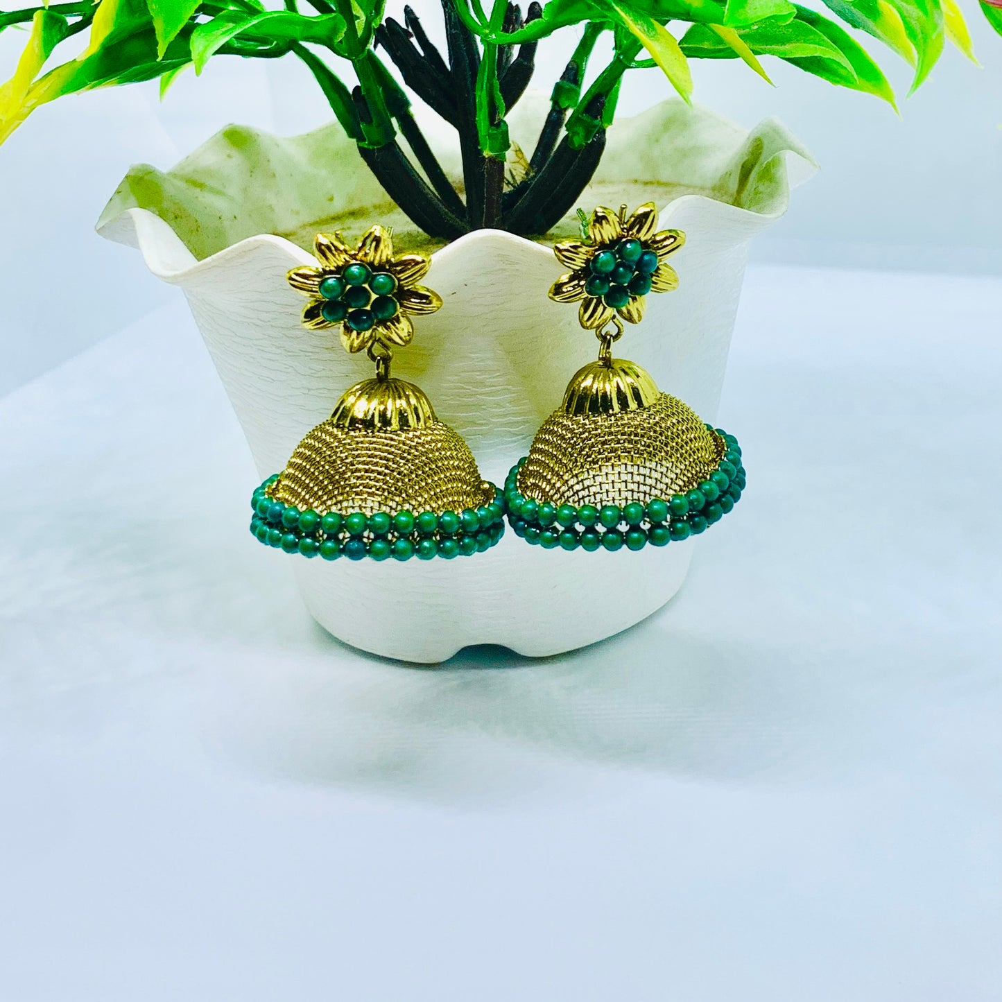 Elegant Gold Jhumka Earrings with Green Beads