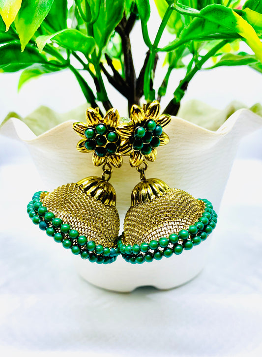 Elegant Gold Jhumka Earrings with Green Beads