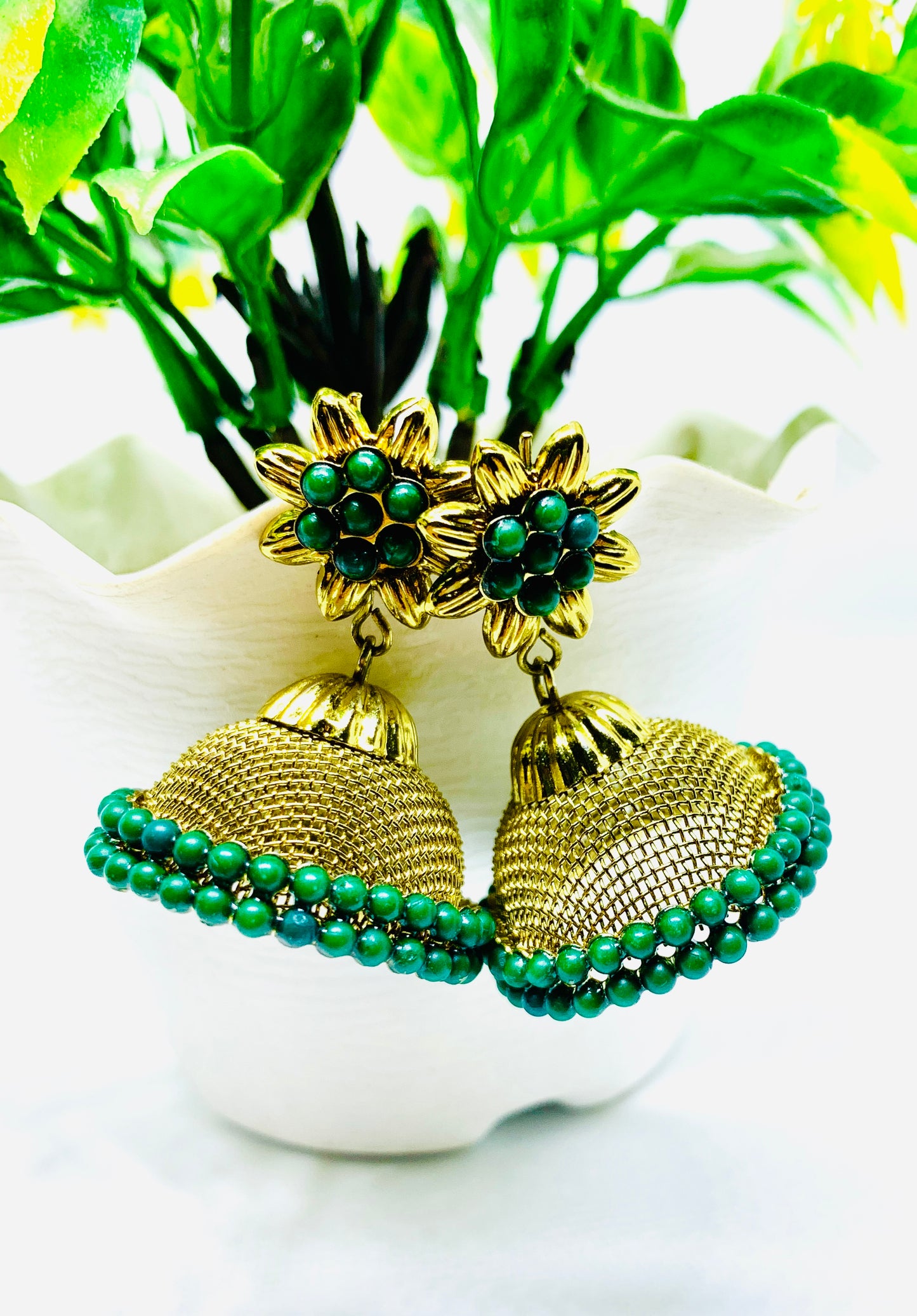 Elegant Gold Jhumka Earrings with Green Beads