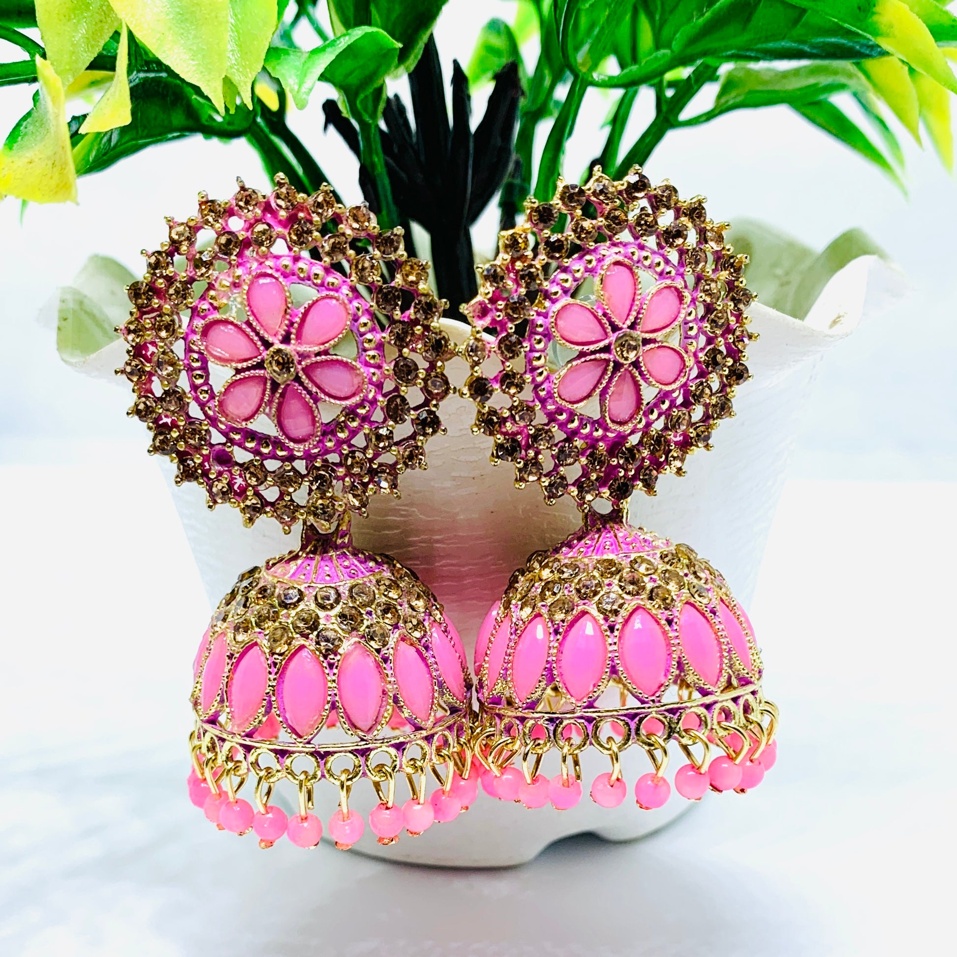Elegant Pink Jhumka Earrings with Beautiful Beads