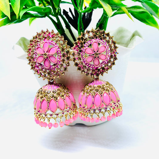 Elegant Pink Jhumka Earrings with Beautiful Beads