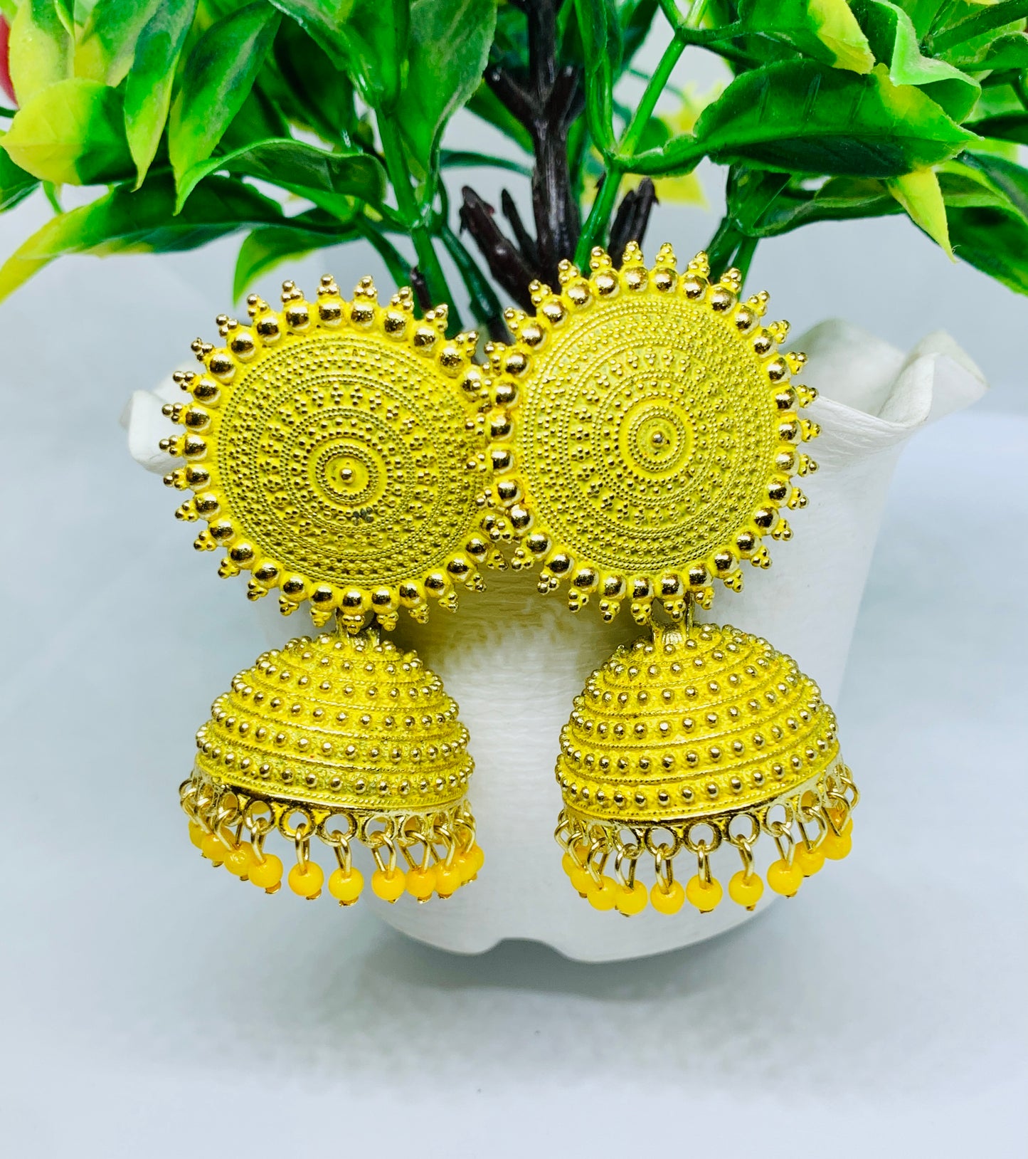 Elegant Yellow Jhumka Earrings with classy Beads