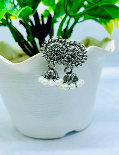 Antique Silver Jhumka Earrings with Pearl Accents Set of 3 by Ashalite — artificial jhumka India