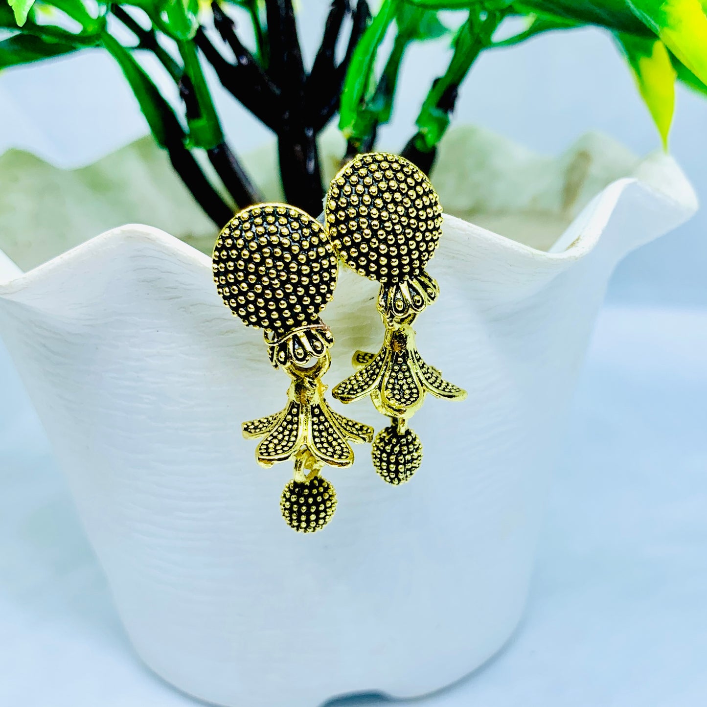“Antique Gold Plated Floral Drop Earrings with Textured Detailing”(Pair of 03)