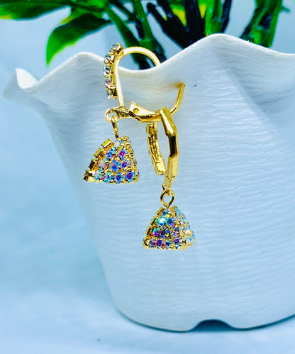 Gold triangle drop earrings 3 pairs front view — gold drop earrings online India