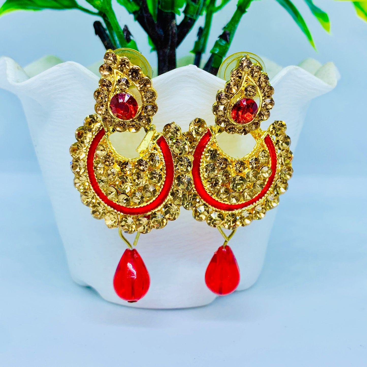 Gold-Plated Red Gemstone Earrings with Drop Beads – Traditional & Elegant Design