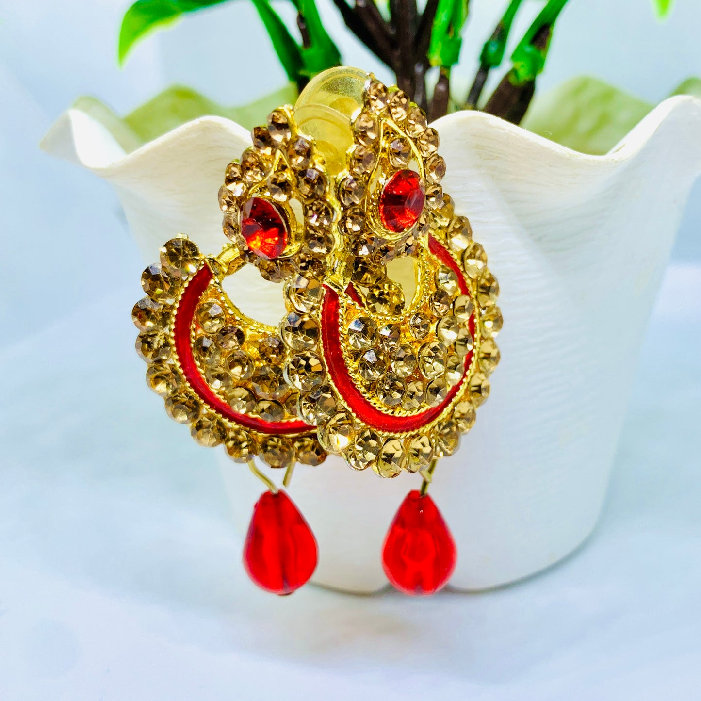 Gold-Plated Red Gemstone Earrings with Drop Beads – Traditional & Elegant Design