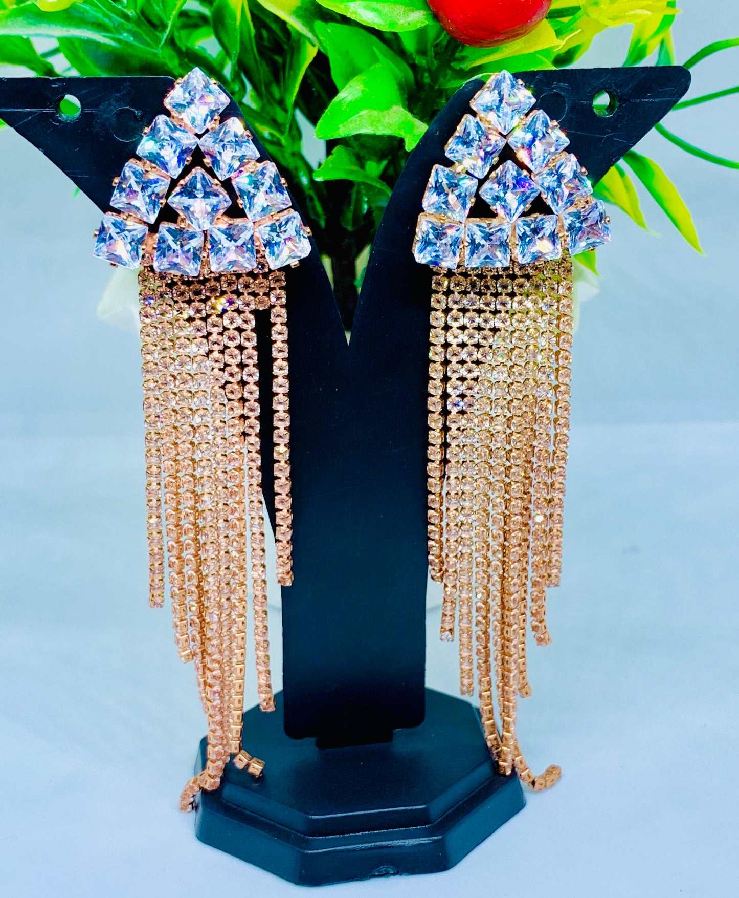 Rose Gold Plated Crystal Drop Earrings with Fringe – Statement Chandelier Earrings