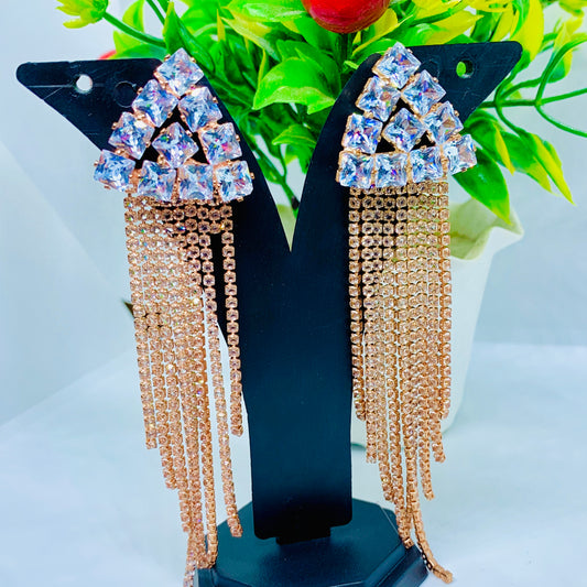 Rose Gold Plated Crystal Drop Earrings with Fringe – Statement Chandelier Earrings