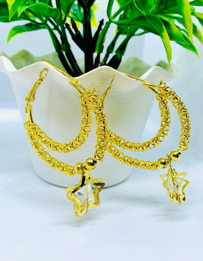 Gold star drop hoop earrings front view — statement hoop earrings online India