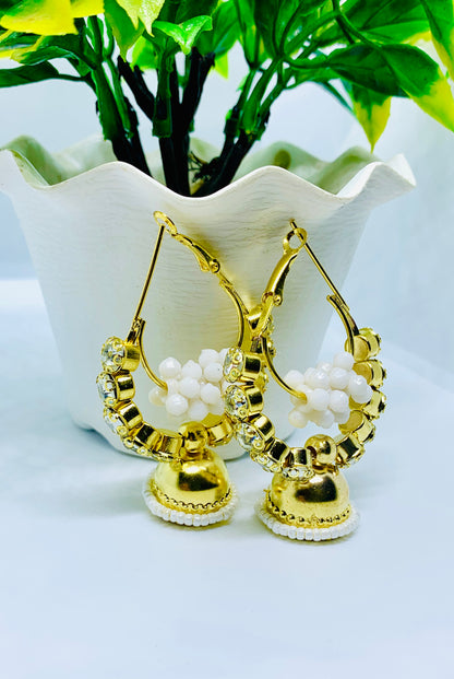 Gold white bead jhumka front view — white beaded jhumka online India