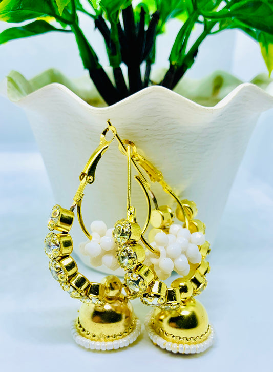 Close-up of gold white beaded jhumka bead detail — buy jhumka India