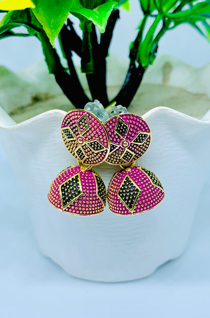 Traditional jhumka 3 pair set pink brown green — artificial earrings Ashalite