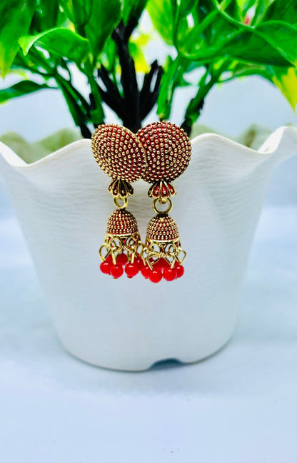 "Elegant Combo of Three Jhumka Earrings - Pink, Black & Red Beads"