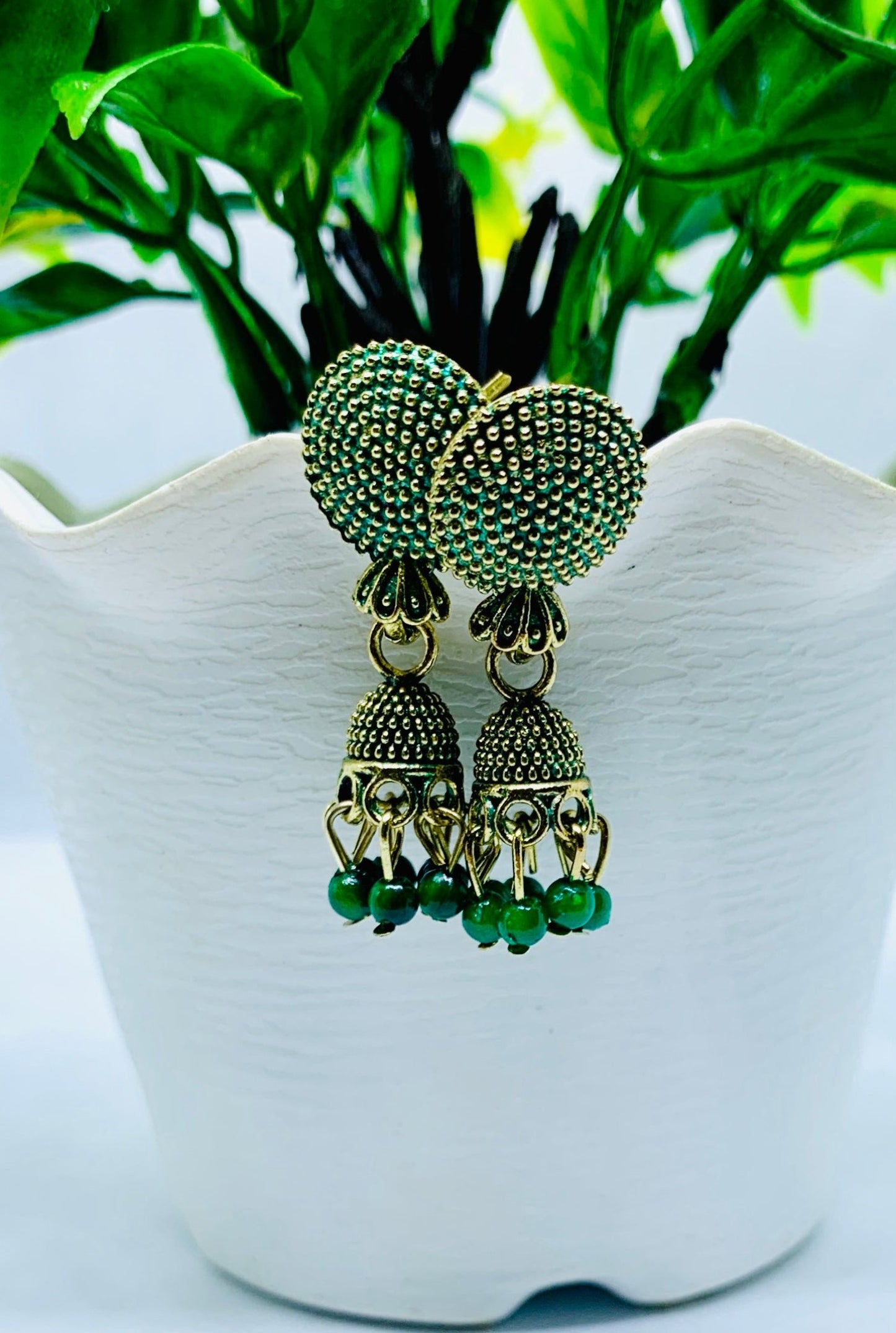 Combo of 3 Gold-Plated Jhumka Stud Earrings – Green, Red, and White Beaded Set