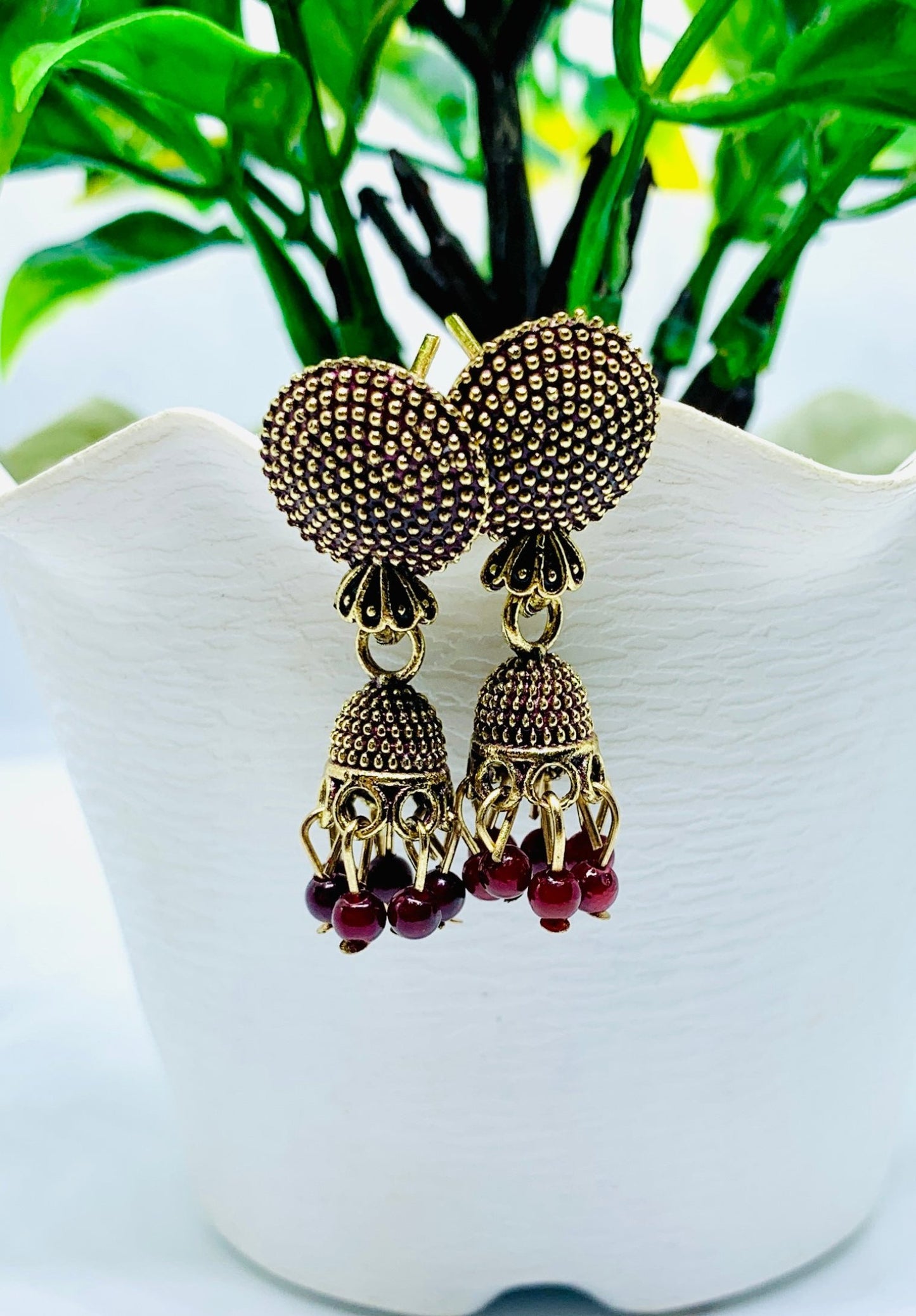 Combo of 3 Gold-Plated Jhumka Stud Earrings – Green, Red, and White Beaded Set