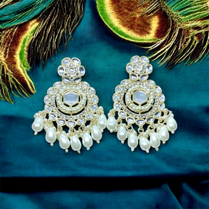 Close-up of Madhvi Kundan pearl chandbali detail — buy Kundan earrings India