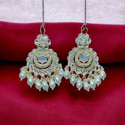  Madhvi Kundan pearl chandbali front view — gold Kundan earrings online India
