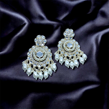 Gold Kundan chandbali with pearl drops worn on model — Ashalite jewellery
