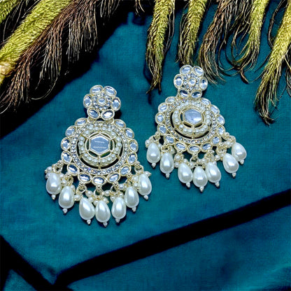 :  Madhvi Divine Gold Kundan White Pearl Drop Chandbali Earrings by Ashalite — artificial Kundan earrings India