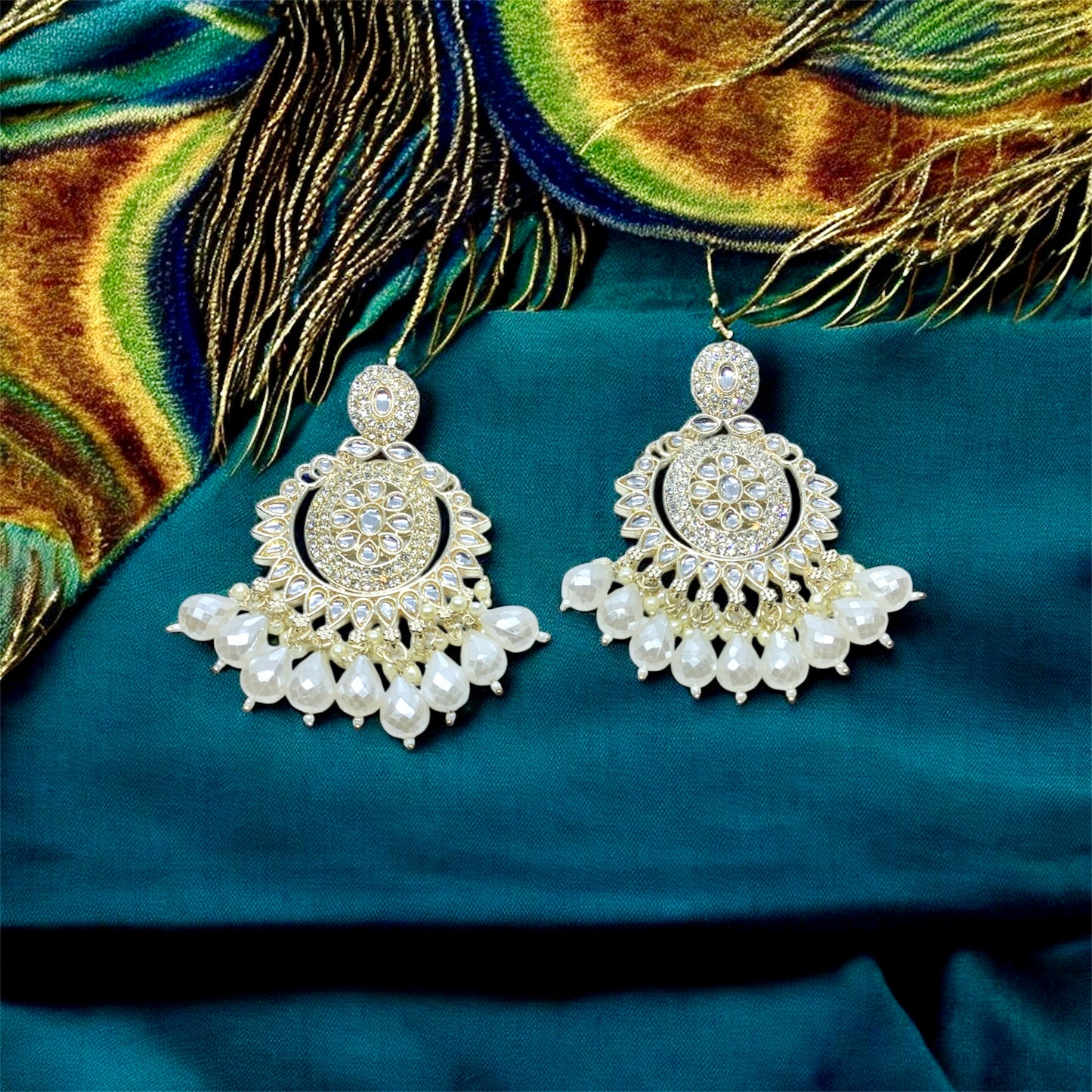 वृन्दा Premium Divine Crystal Kundan Pearl Chandbali