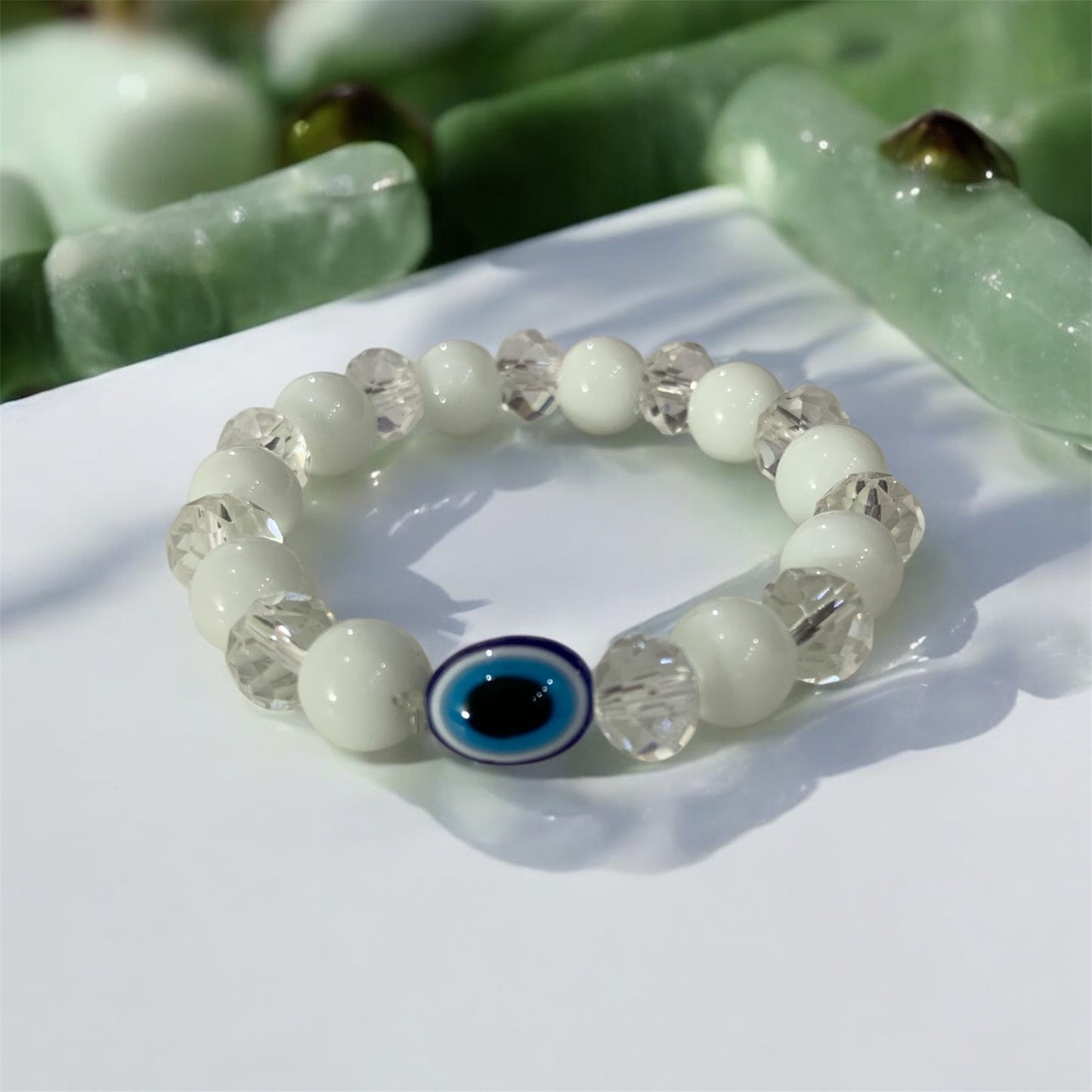 सावित्री White Crystal Evil Eye Protection Bracelet – Aura Shield & Positive Energy