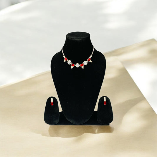 Red zircon rhinestone necklace front view — silver chain necklace set online India