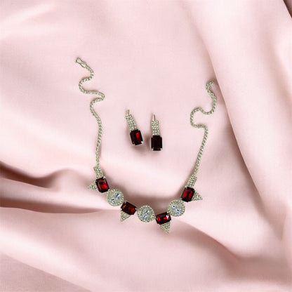 Red Zircon Rhinestone Silver Chain Necklace Set by Ashalite — artificial rhinestone jewellery India