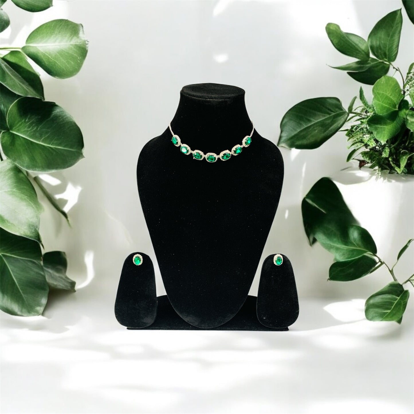 कृष्ण कान्ता Green Gemstone Necklace & Earring Set with Crystal Accents