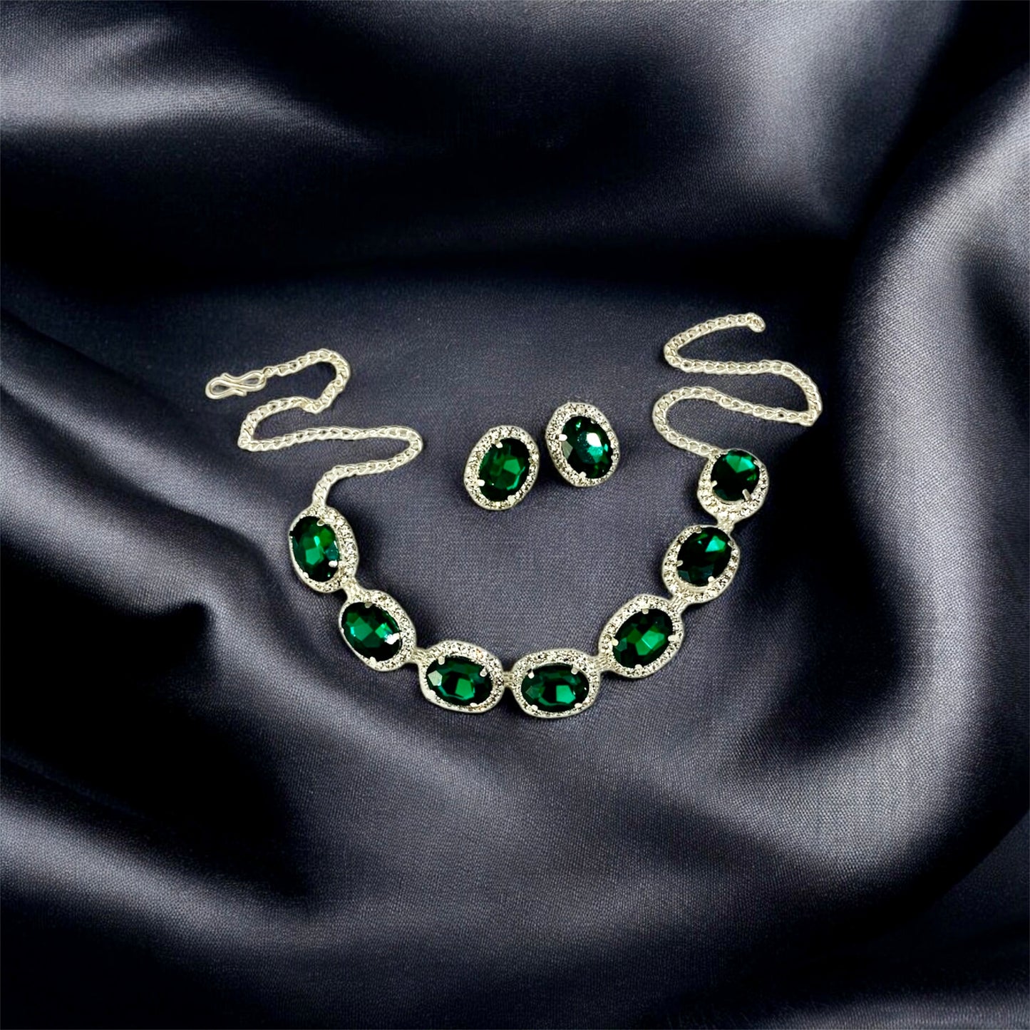 कृष्ण कान्ता Green Gemstone Necklace & Earring Set with Crystal Accents