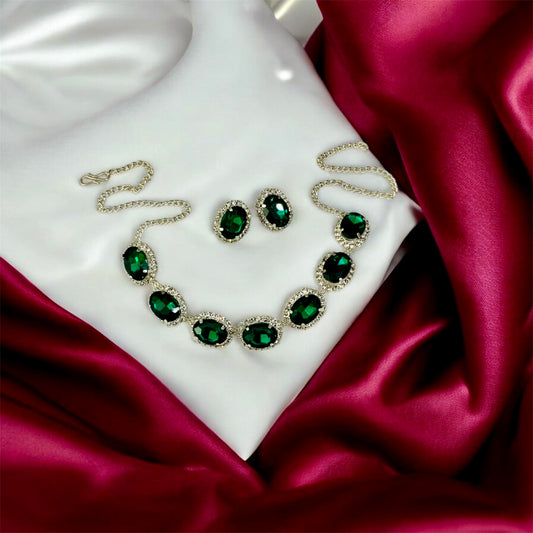 कृष्ण कान्ता Green Gemstone Necklace & Earring Set with Crystal Accents