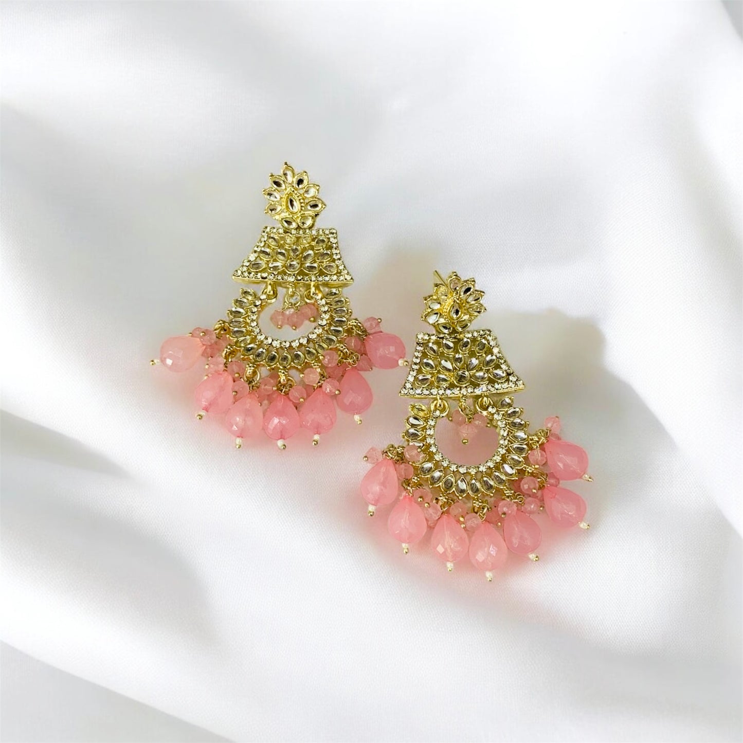 गोपिका Pink Beaded Gold-Plated Chandbali Earrings with Floral Design