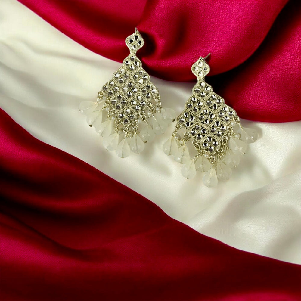 दामोदर प्रिया Iridescent Milky White Chandbali Earrings with Floral Accents