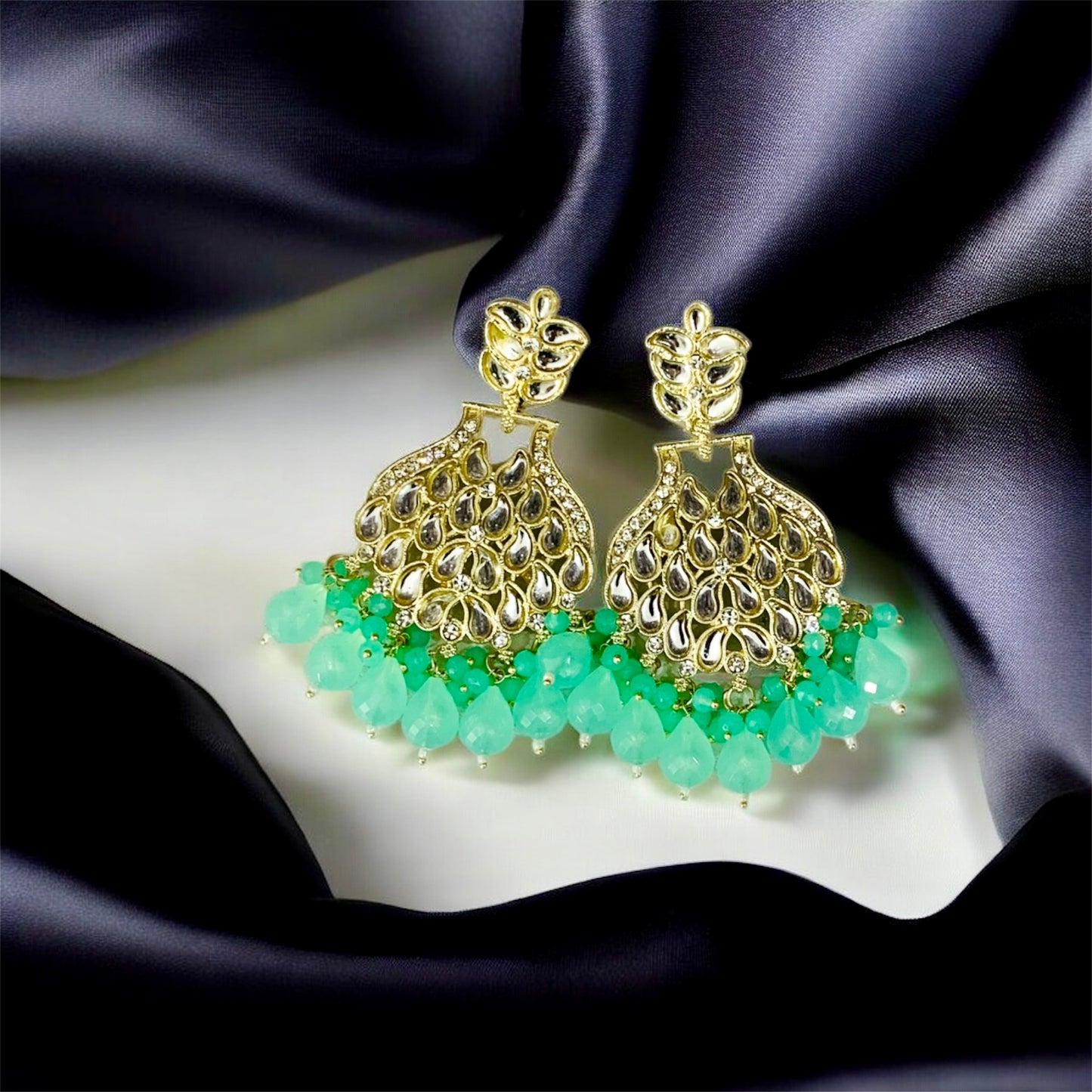 श्री जी Elegant Gold-Plated Kundan & Mint Green Crystal Chandbali Earrings