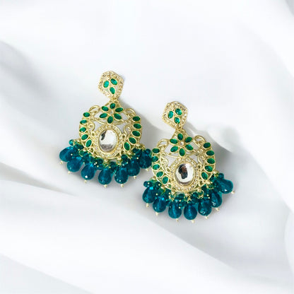 Close-up of Rukmani deep aqua chandbali bead drop detail — buy earrings India