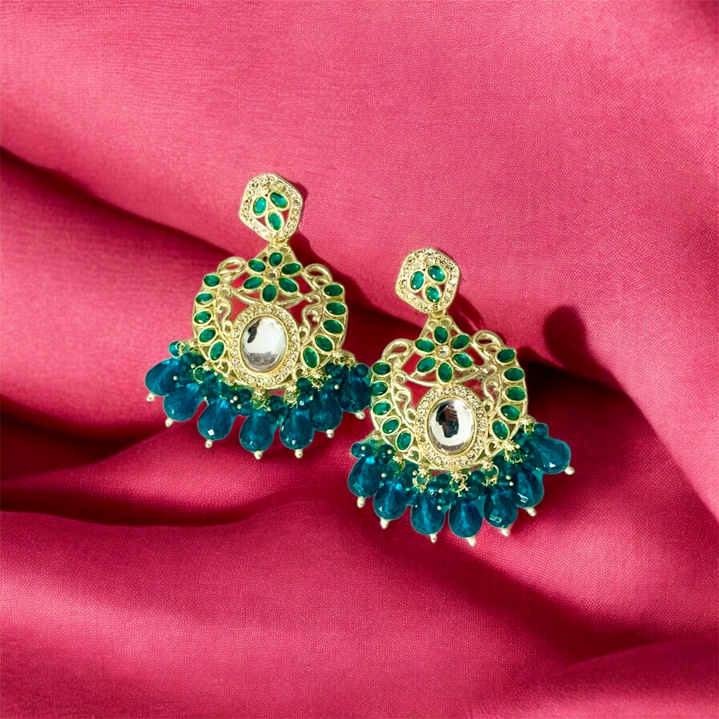 रुक्मणी Deep Aqua Blue Chandbali Earrings with Beaded Drops