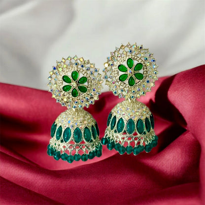 Nitya Stunning Green and Silver Plated Jhumka Earrings by Ashalite — artificial jhumka India