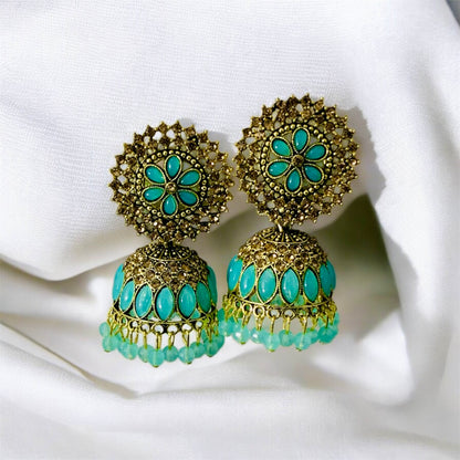 Soumya-Rupa Turquoise and Gold Plated Jhumka Earrings by Ashalite — artificial jhumka India