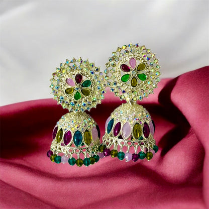 Ved Para multicolor jhumka front view — silver plated jhumka online India