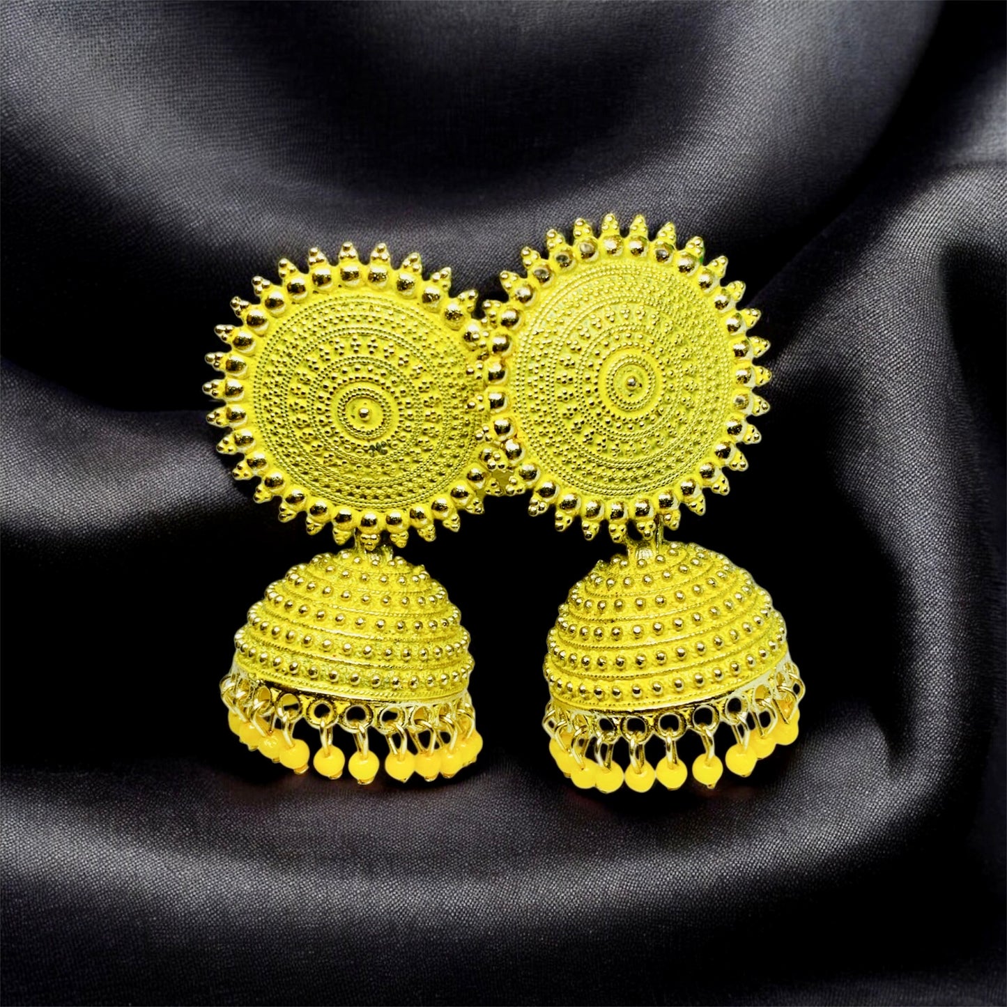 Elegant Yellow Jhumka Earrings with classy Beads