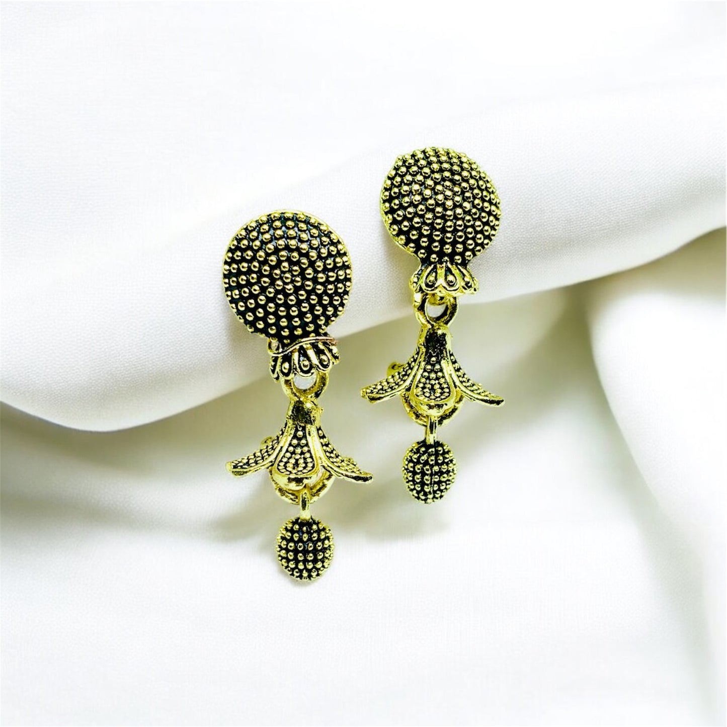 “Antique Gold Plated Floral Drop Earrings with Textured Detailing”(Pair of 03)
