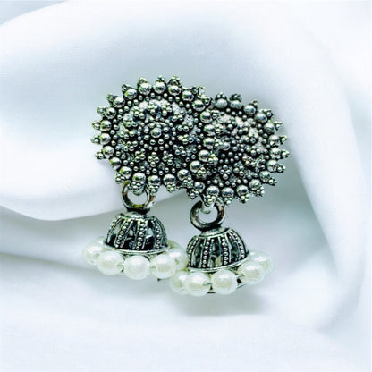 Antique silver pearl jhumka 3 pairs front view — antique jhumka online India