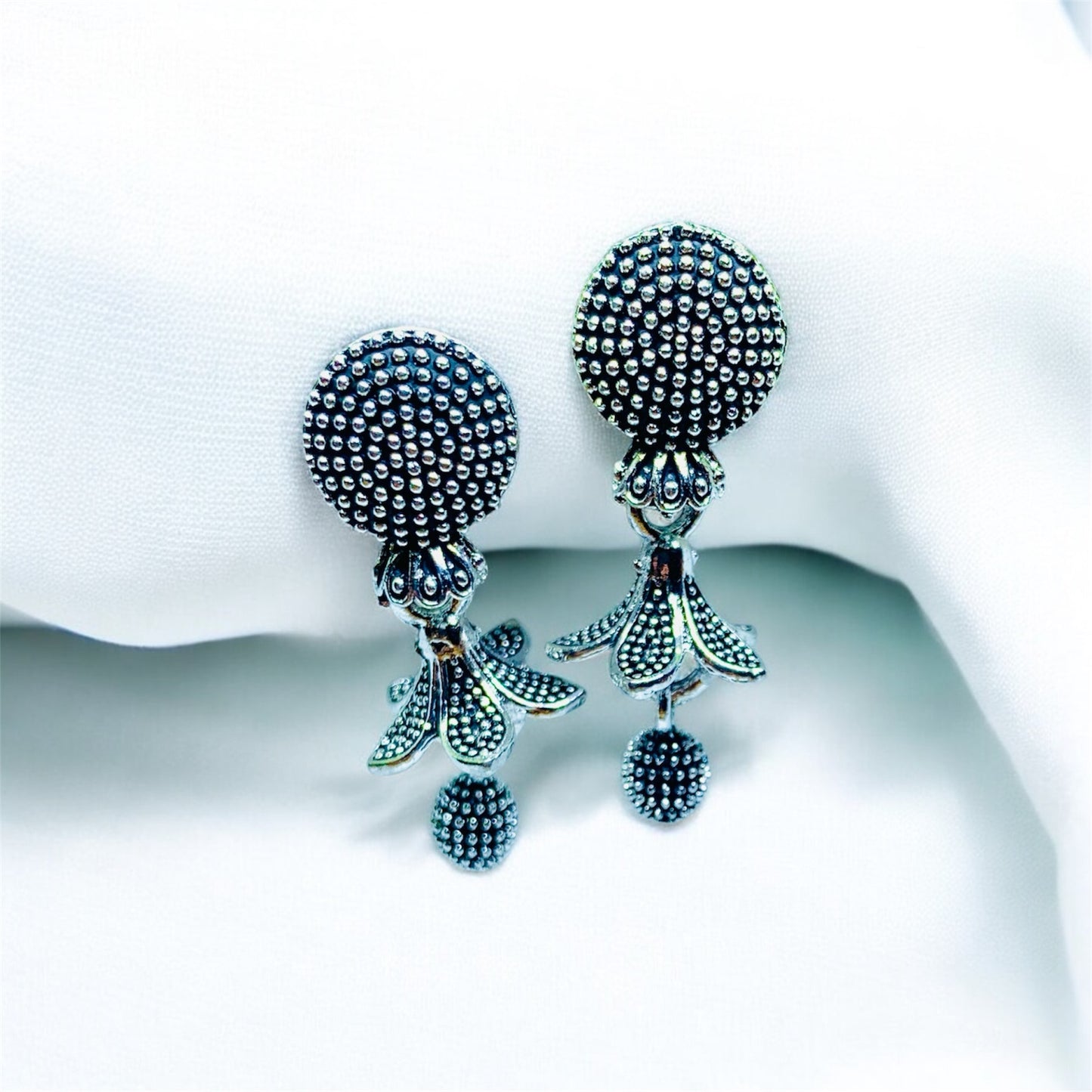 “Antique Silver Plated Floral Drop Earrings with Textured Detailing”(Pair of 03)