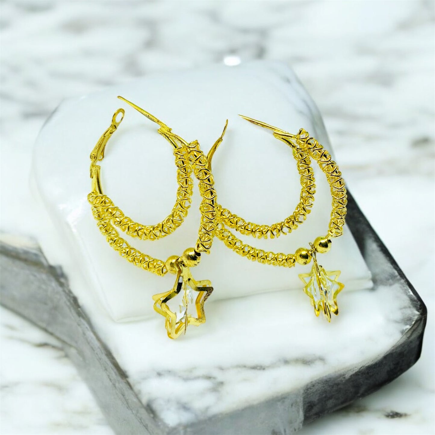 Gold-Plated Star Drop Hoop Earrings – A Unique Statement Piece