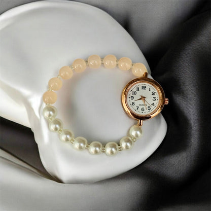 Close-up of Sia rose pink pearl and watch dial detail — buy watch bracelet India