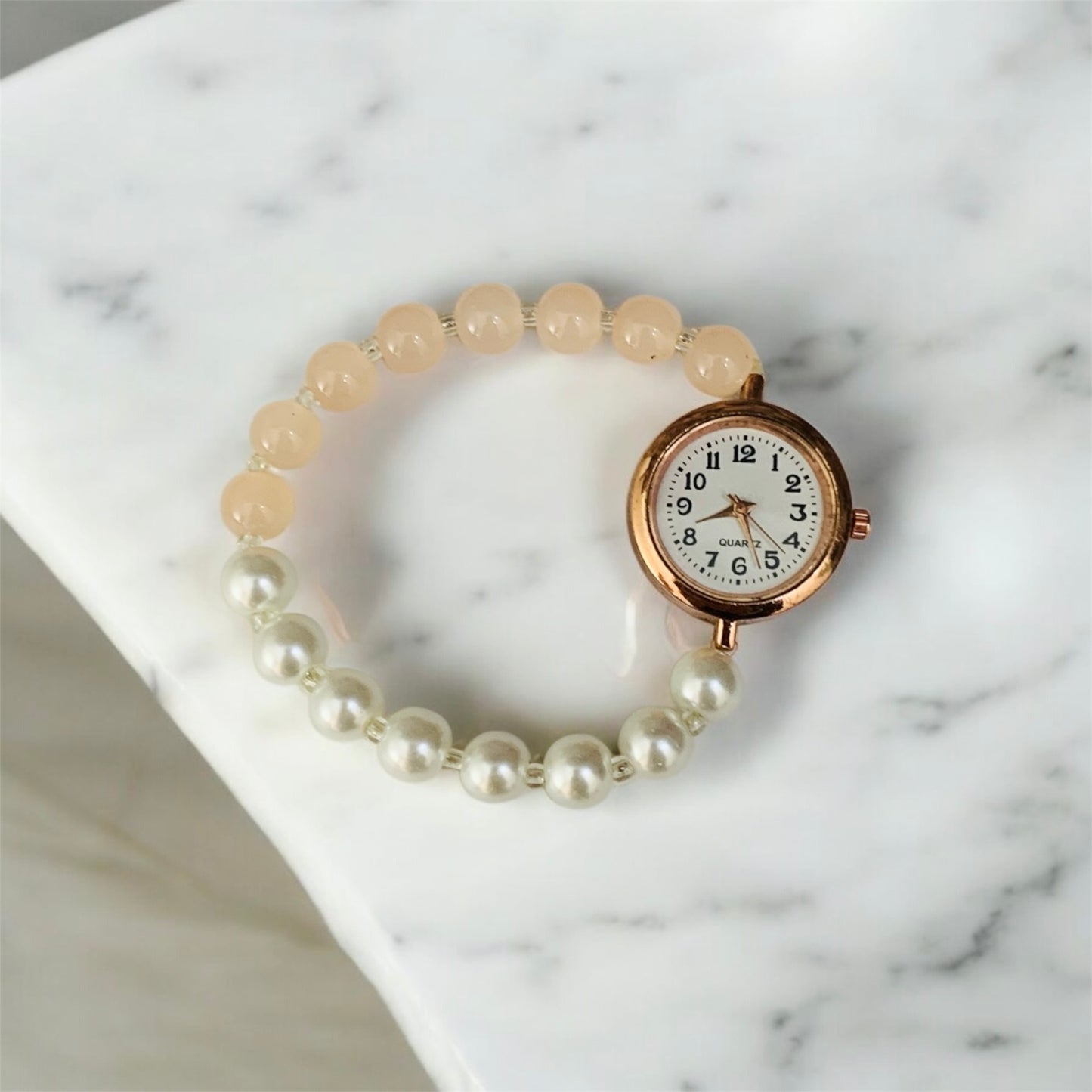 "वनिका" White & Mint Green Pearls Bead with Rose Gold Dial Watch