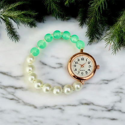 Vanika White Mint Green Pearl Bead Bracelet with Rose Gold Watch by Ashalite — bracelet watch India
