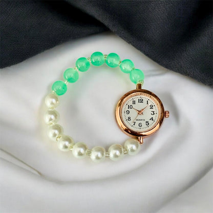 Vanika White Mint Green Pearl Bead Bracelet with Rose Gold Watch by Ashalite — bracelet watch India