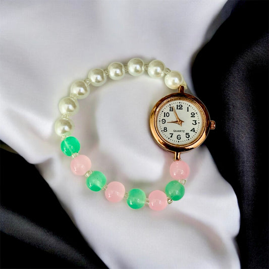 (Bharti) Teal Pink & Silver Pearls Beads Bracelet with Rose Gold Dial Watch | Ashalite